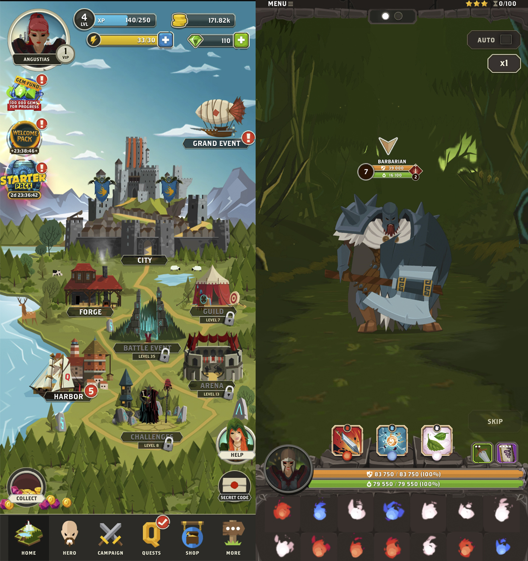 Questland: double screenshot showing the land on the left and a giant warrior on the right
