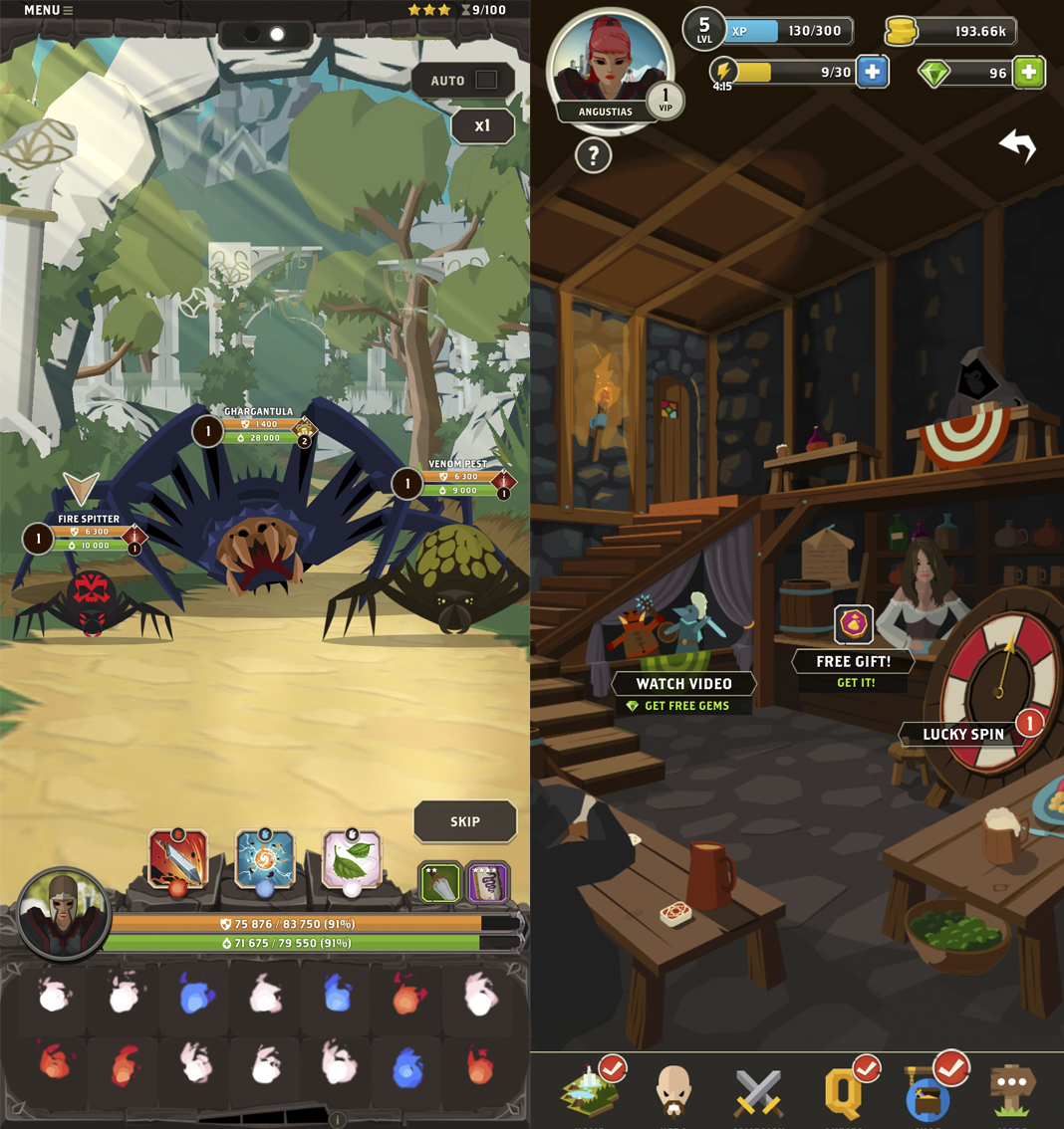 Questland: double screenshot showing three big spiders on the left and a saloon on the right