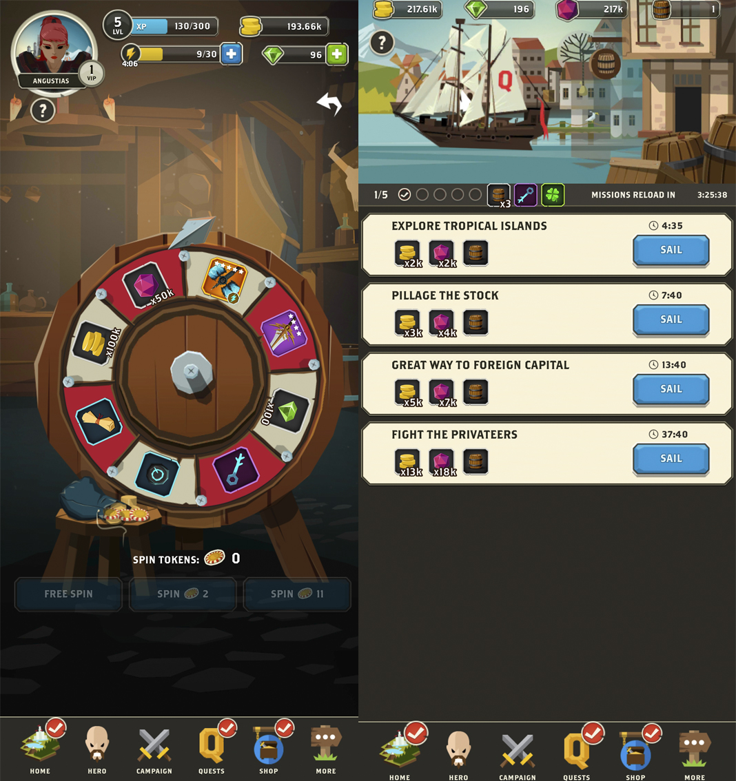 Questland: double screenshot showing a rulette on the left and a ship on the right