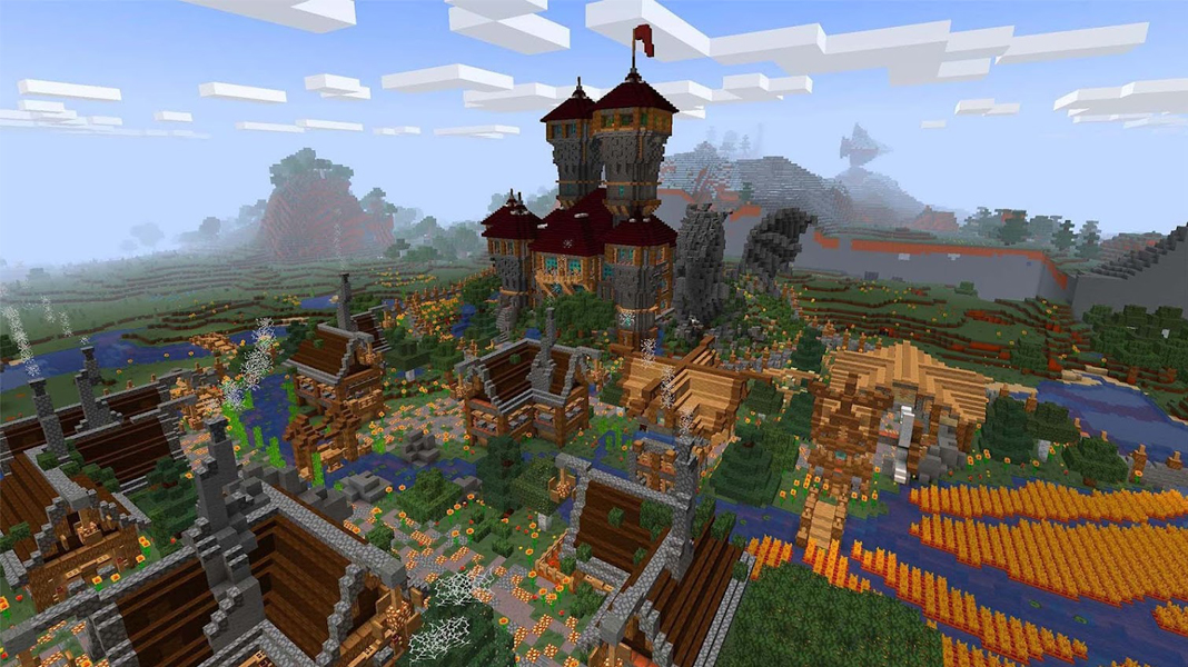 RealmCraft: Already built world with a castle and mountains in the background