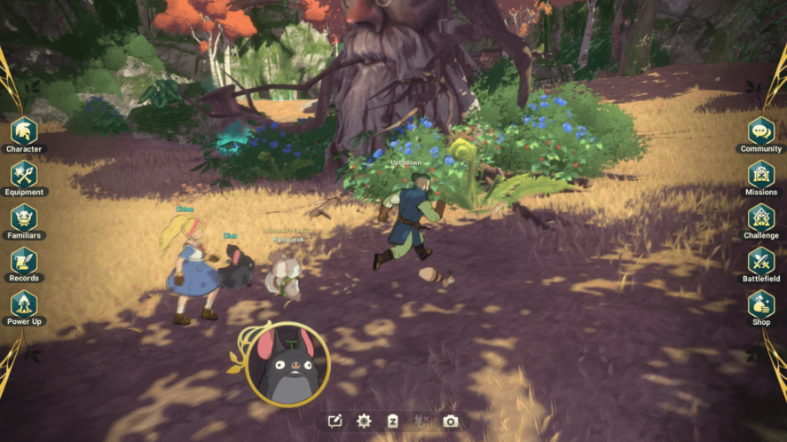Screenshot of Ni no Kuni: Cross Worlds with 4 characters in a forest and icons with software options on the sides