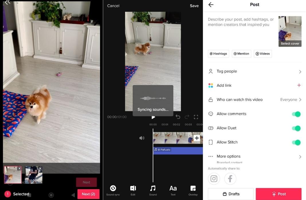 Three TikTok screenshots with steps to create, edit and post a video montage