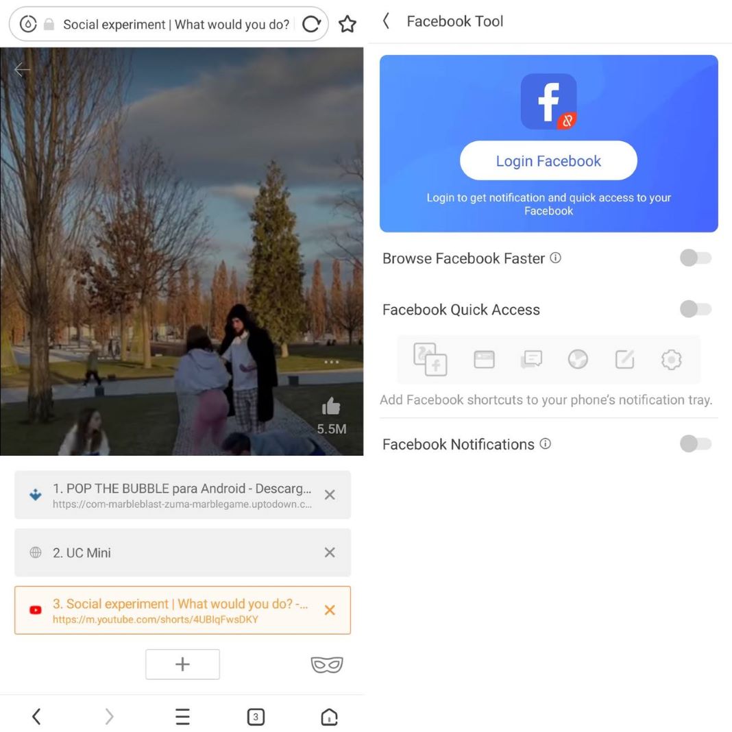 UC Browser Mini: two screenshots showing different social media options, like YouTube or Facebook login