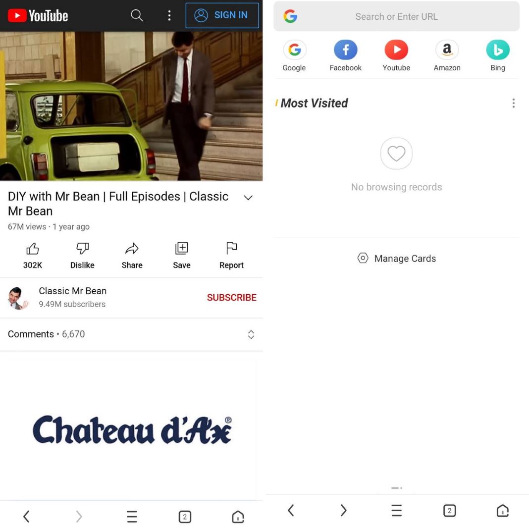 UC Browser Mini: two screenshots showing a Mr Bean video on the left and the search engine with some recent sites on the right
