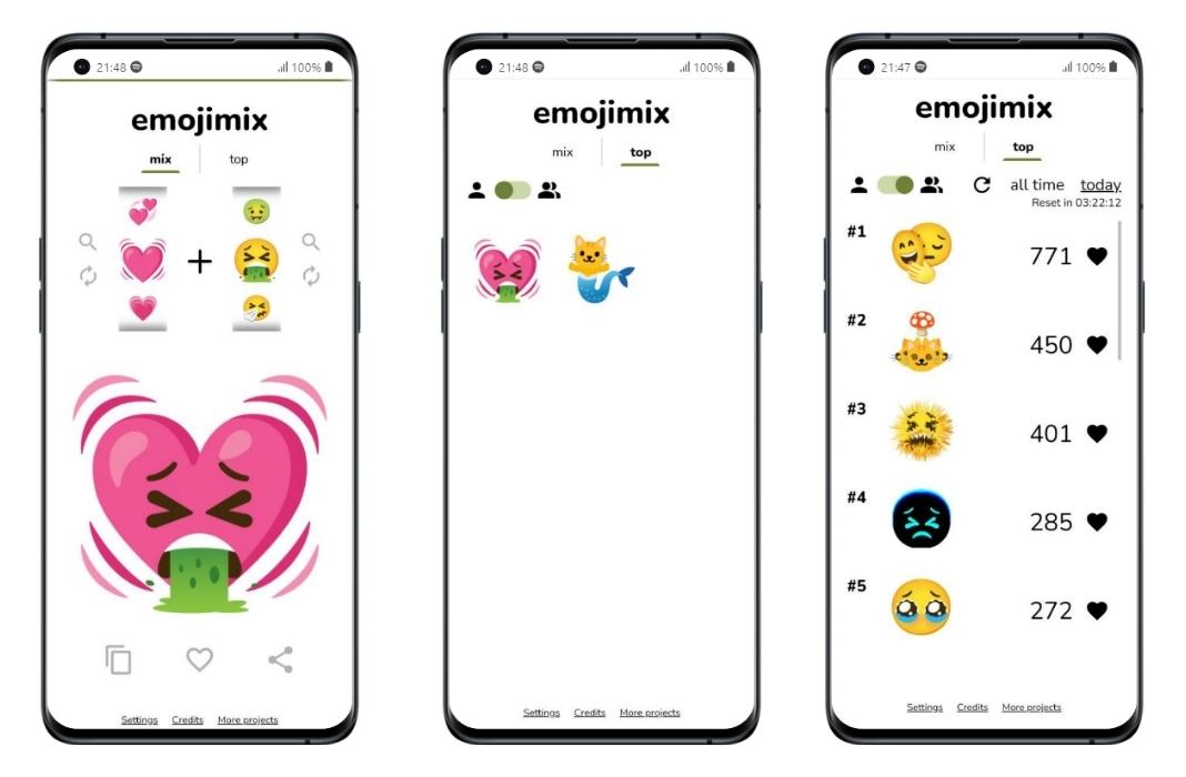 Emojimix: three screenshots showing both the Mix list and the Top list of emojis