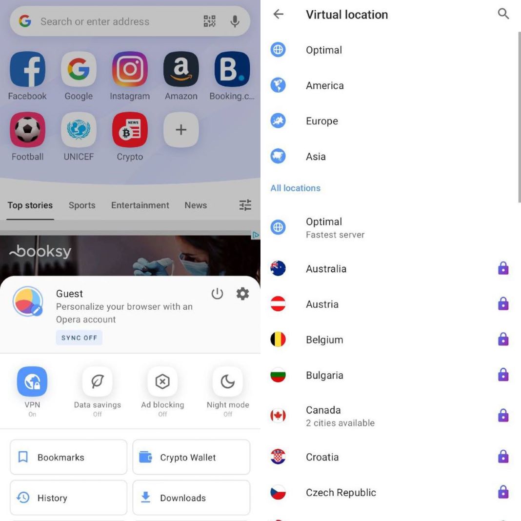 Opera's built-in VPN: Virtual location settings
