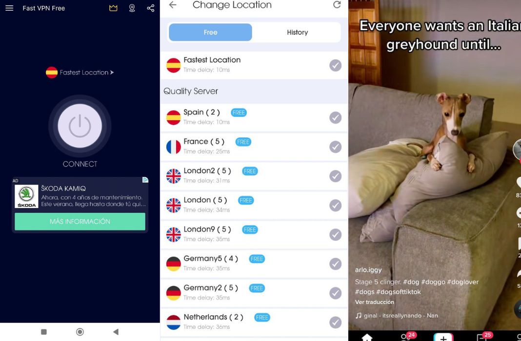 Three screenshots. Two with the interface of a VPN to connect to another location. The third shows a funny TikTok video with a little brown dog lying between cushions on a sofa.