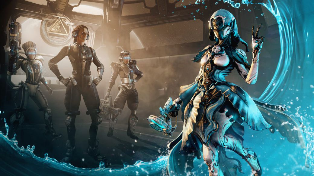 Warframe: promo image showing three characters on the left and a fourth one coming out of water