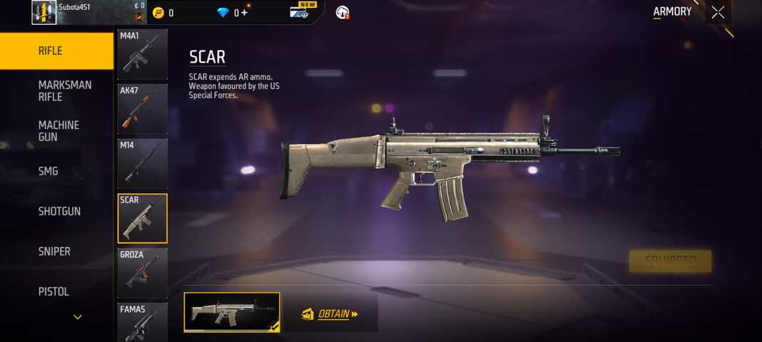 Free Fire's weapon screen with rifle selected