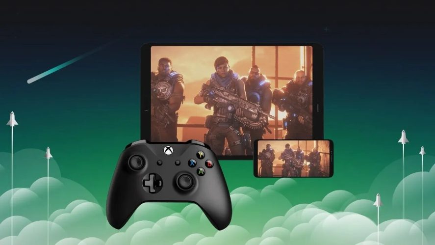Xbox Cloud game shown both on a TV and a smartphone next to a Xbox gamepad.
