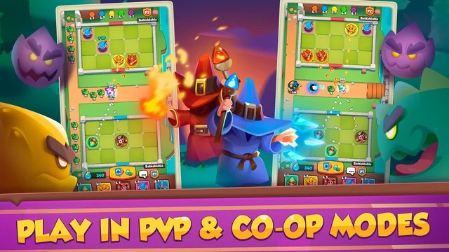 Rush Royale promo image showing two modes, PVP and CO-OP