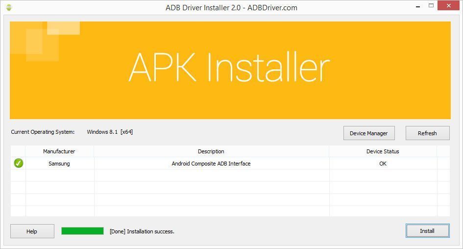 APK installer's interface showing one Samsung device in a list