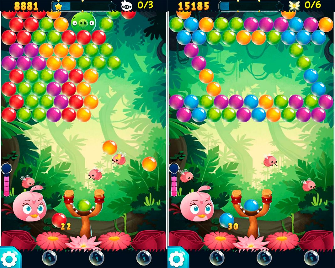 Angry Birds: two screenshots of two bubble shooter games with different angry birds