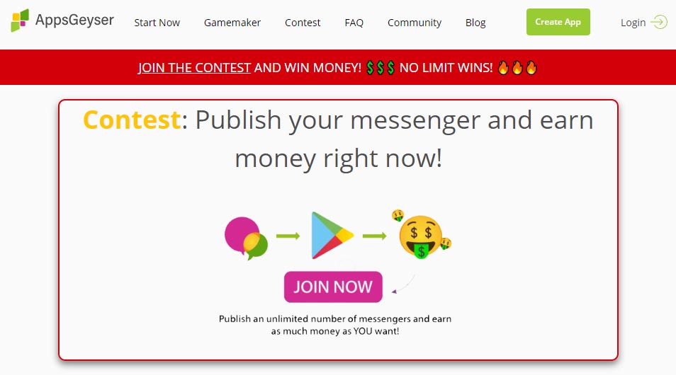 AppsGeyser home page promoting a contest