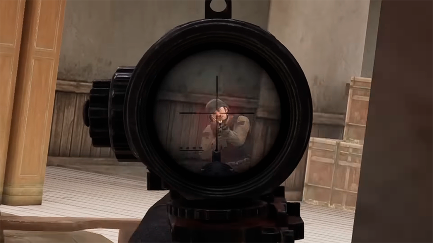 Arena Breakout in-game screenshot showing the perspective of a peephole aiming at a soldier