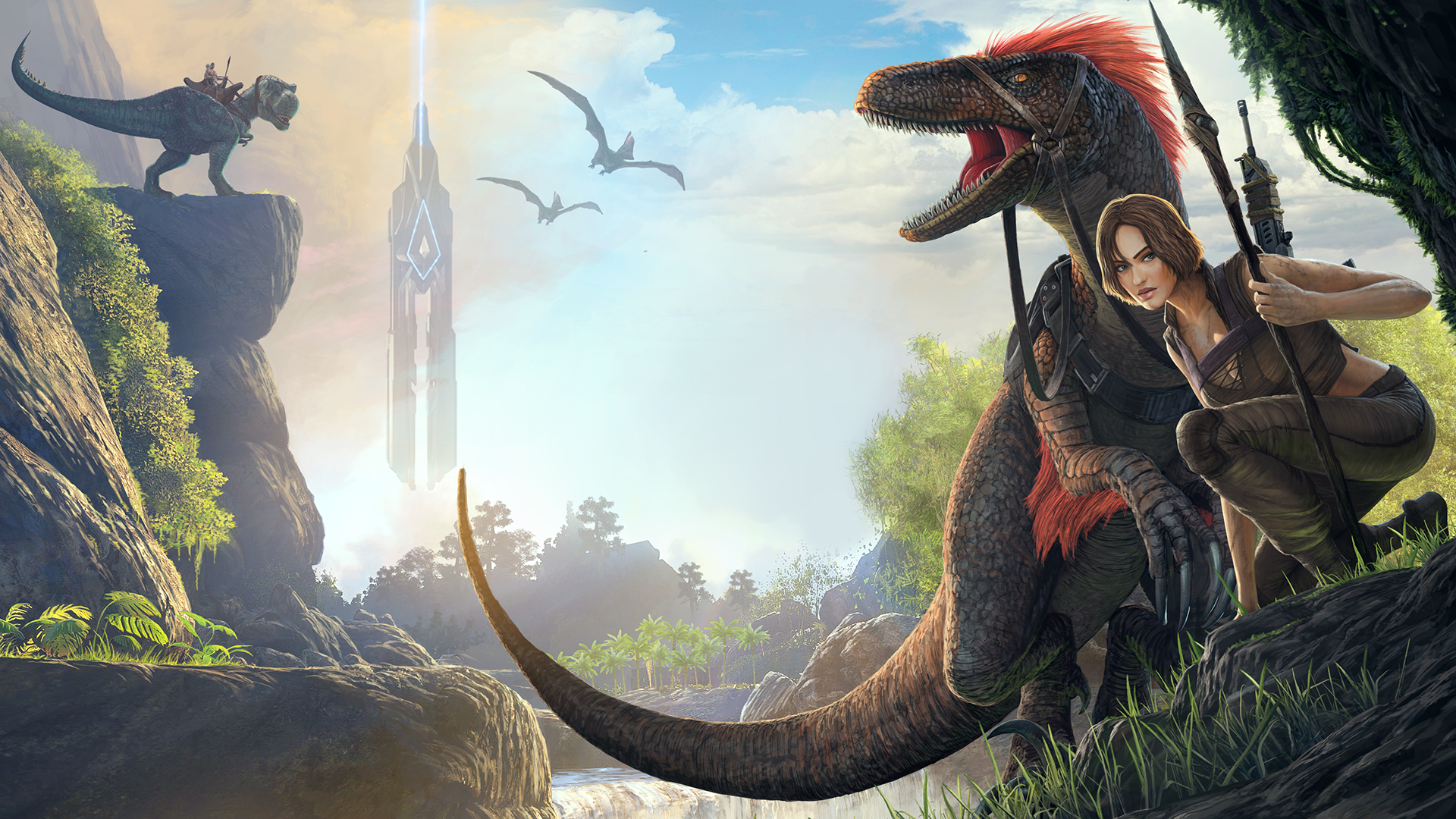ARK: Survival Evolved Mobile image. Jungle landscape with dinosaurs of different species and a female character with a spear