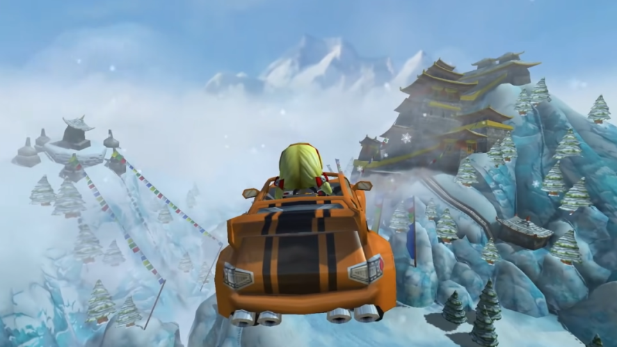 Beach Buggy Racing screenshot of a blond driver in an orange car flying over snowy mountains.