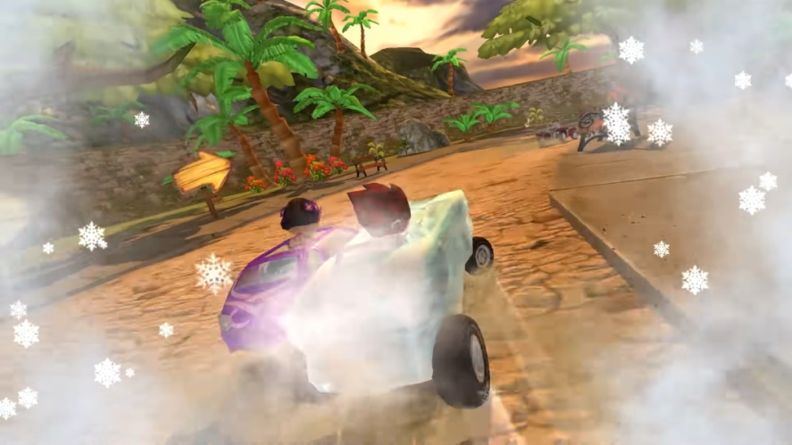 Beach Buggy Racing screenshots of a driver using a power-up.