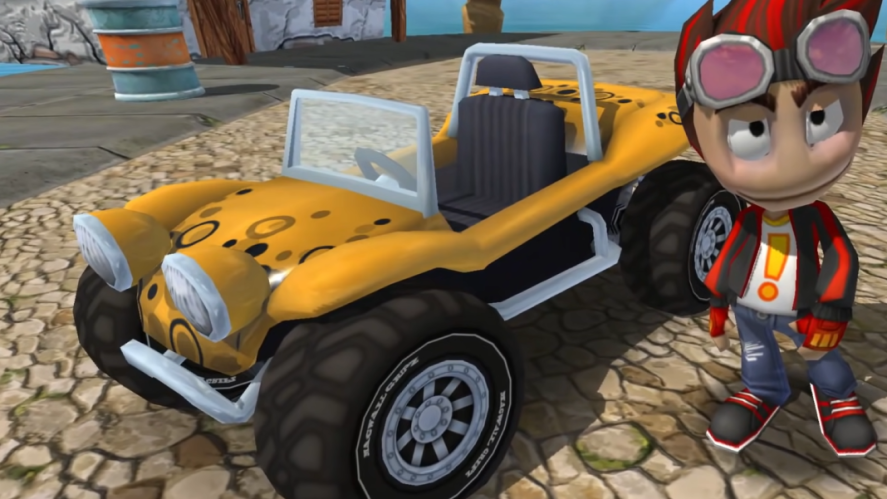 Beach Buggy Racing: a young driver next to a yellow buggy.