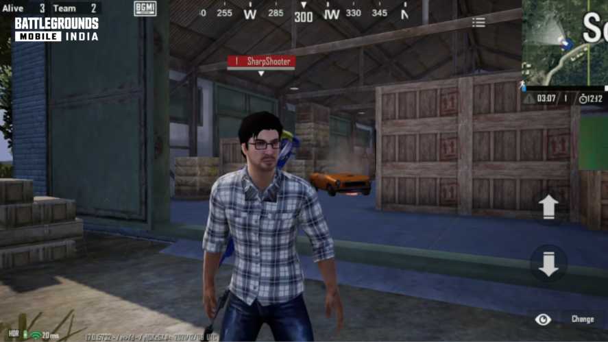 Battlegrounds Mobile India: dark-haired character dressed in plaid shirt and jeans, wearing glasses.