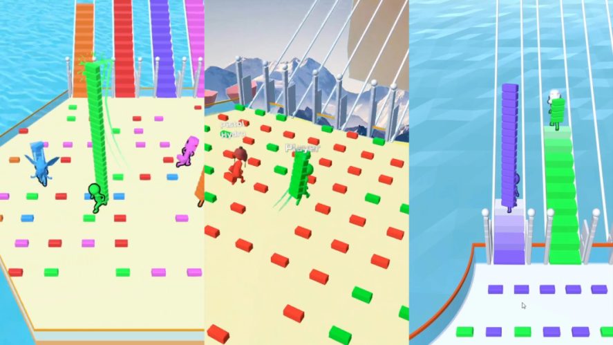 Bridge Race: three screenshots showing characters piling up bricks and, finally, creating a staircase.