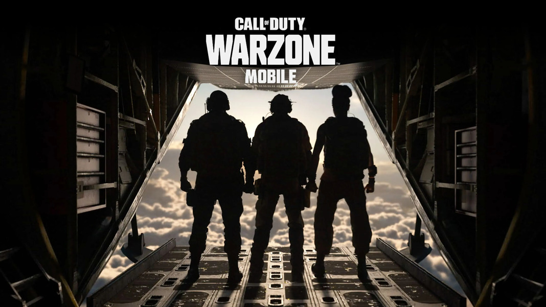 Promotional image with three soldiers with their backs to a plane in Call of Duty Warzone Mobile