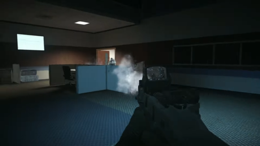 Call of Duty: Warzone Mobile screenshot of a gun aiming at a desk.