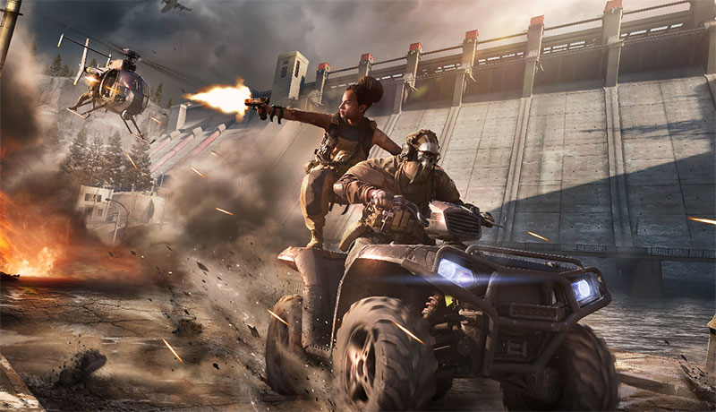 Call of Duty: Warzone Mobile: promo image of two characters escaping and shooting at a helicopter