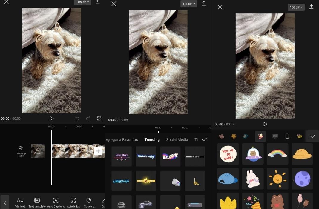 Three CapCut screenshots about how to add stickers and text to a video