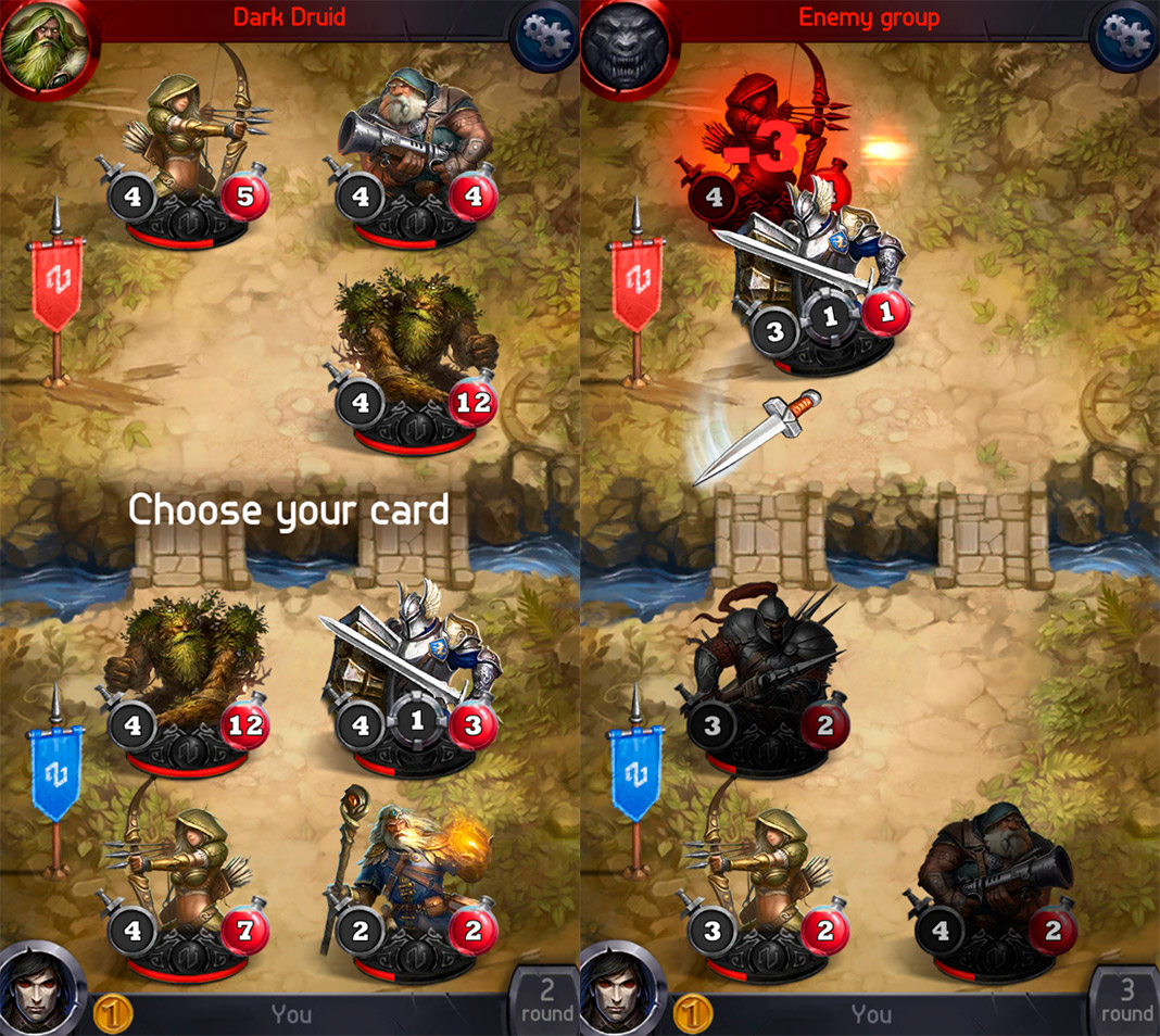 Card Heroes: two boards showing different characters attacks