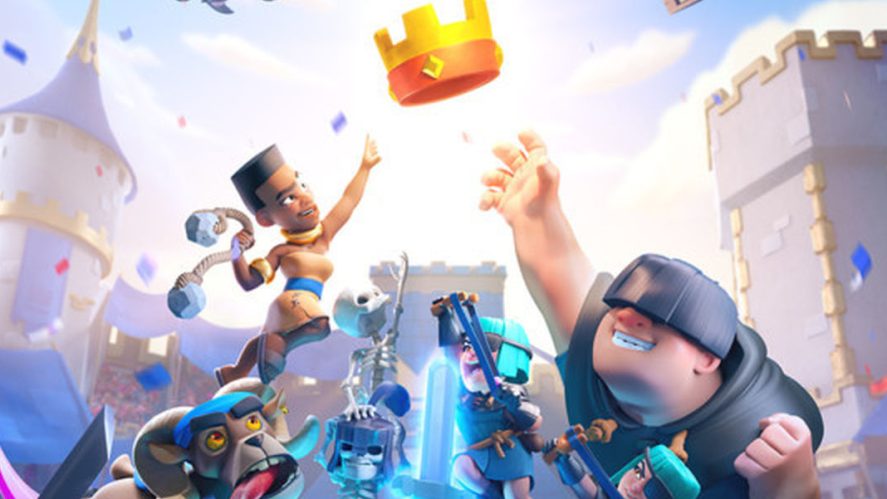 Clash Royale: Several characters piling up and jumping to get a crown.