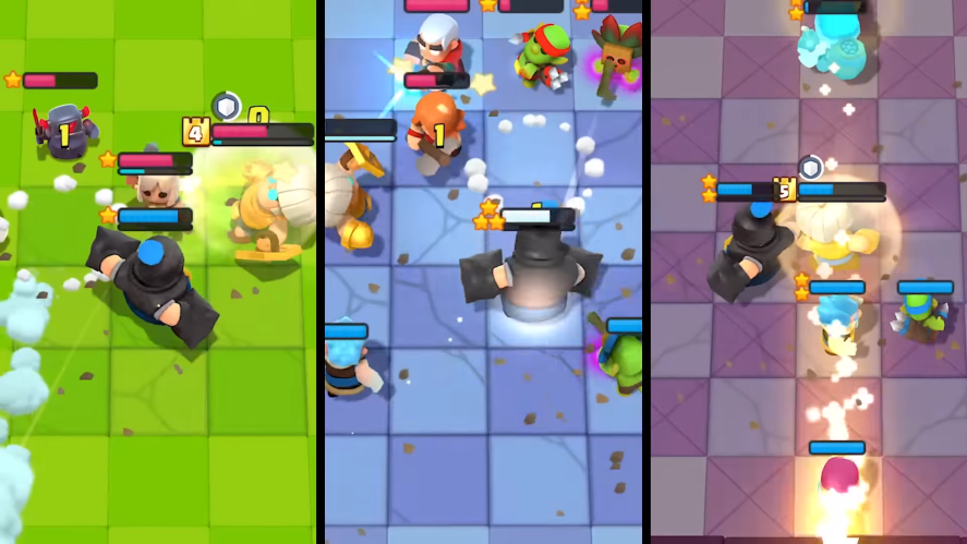Clash Mini: three screenshots showing characters battling each other.