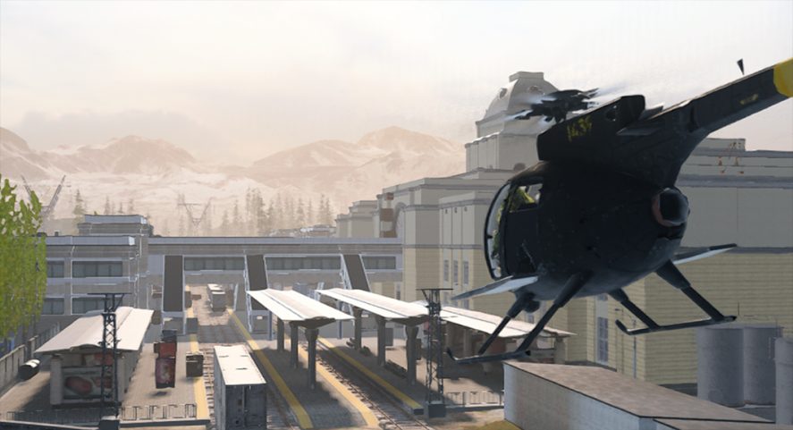 Helicopter flying towards what looks like a train station in Call of Duty: Warzone Mobile