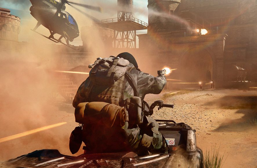 Call of Duty: Warzone Mobile: helicopter and soldier shooting into the distance