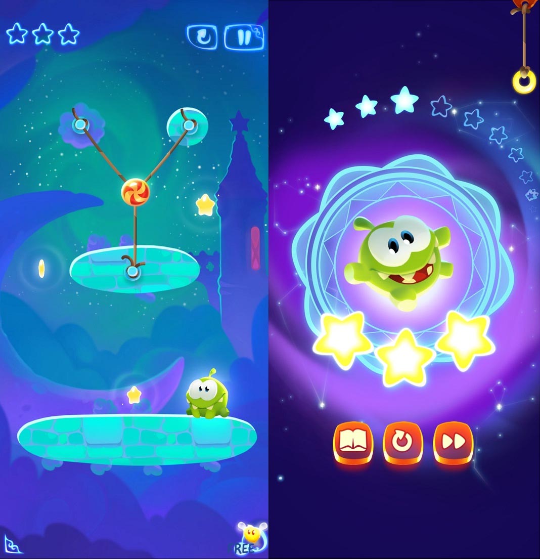 Cut the Rope Magic: two screenshtos showing different game sequences, one with a game ongoing and another getting a rewardCut the Rope Magic: two screenshtos showing different game sequences, one with a game ongoing and another getting a reward