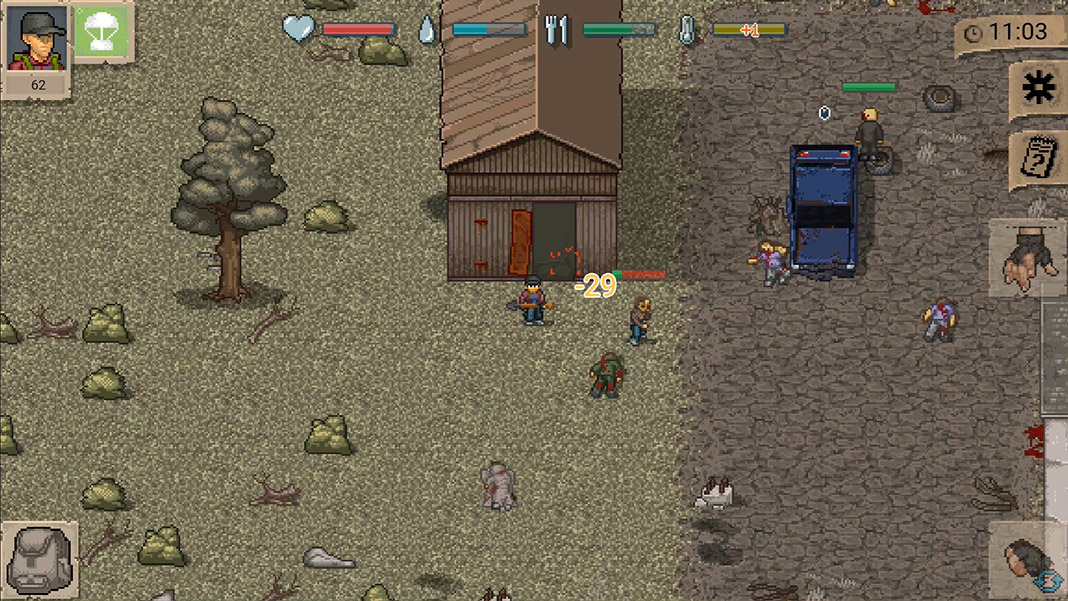 Mini DAYZ characters interacting on a field, near a house and a blue car