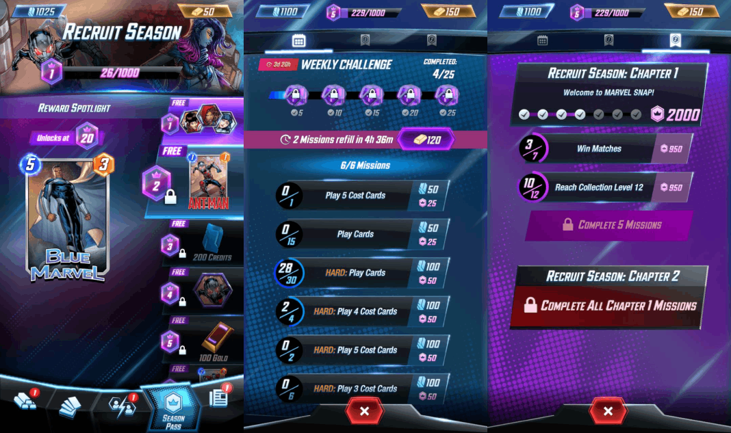 Marvel Snap's recruit seasons and weekly challenges