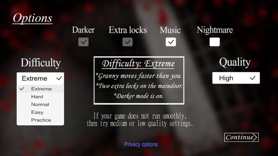 Menu to select Granny's options and difficulty level