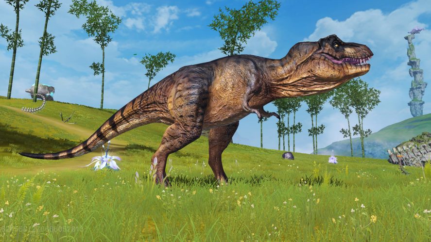Chimeraland screenshot with a dinosaur in a green field