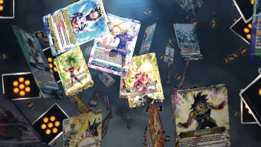 Dragon Ball Super Card Game: snapshot of different cards in the air