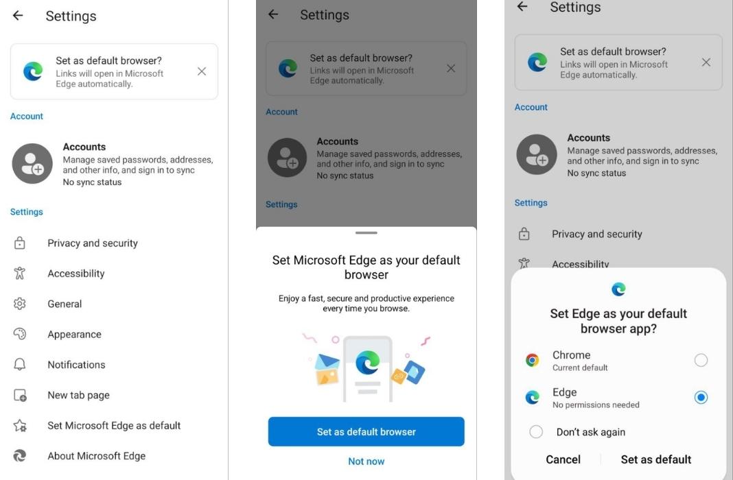 Three screenshots of the steps to make Microsoft Edge the default browser