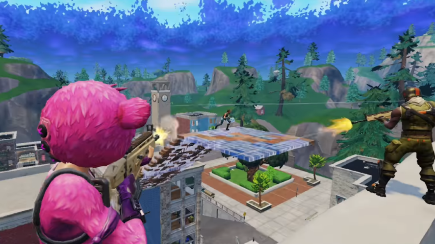 Fortnite: Two characters shooting at another one from rooftops