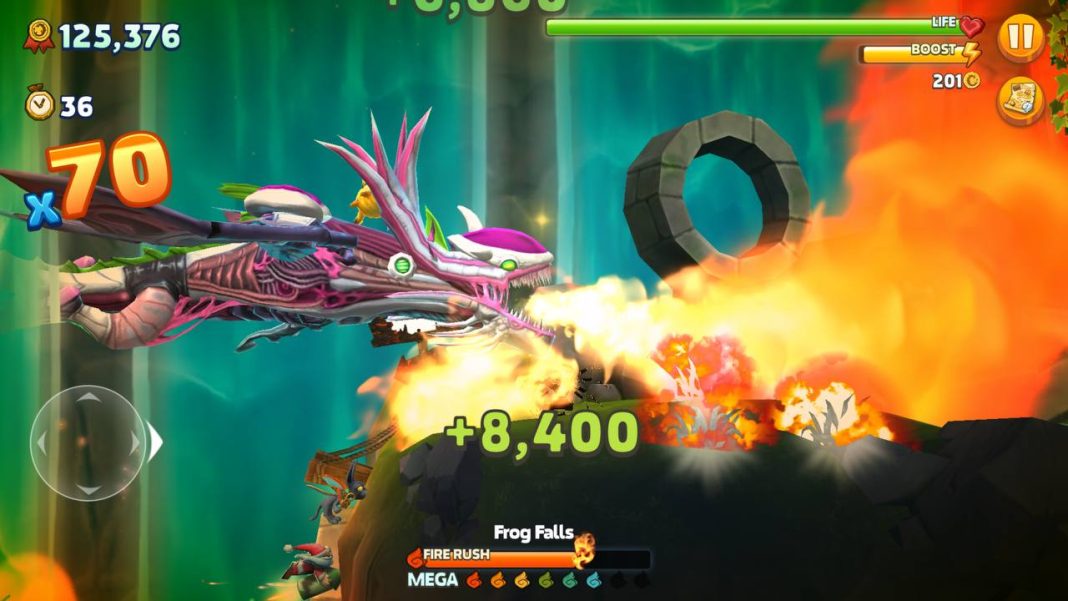 Screenshot of Hungry Dragon with a kind of pink dragon spitting fire