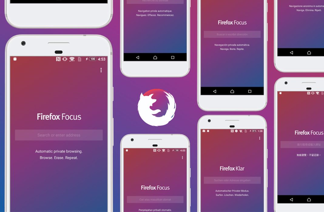 Collage of several mobiles with the Firefox Focus main screen in several languages