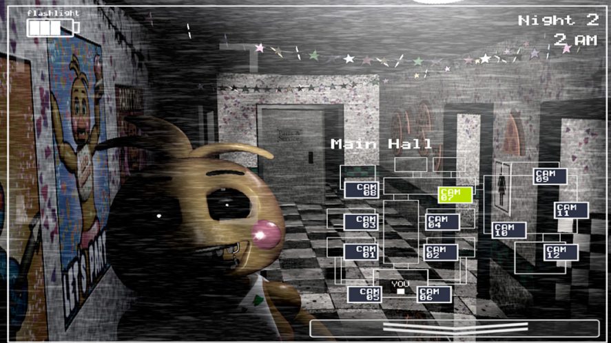 Five Nights at Freddy's 2 in-game screenshot showing a typical video camera screen recording a monster and a small map to the right