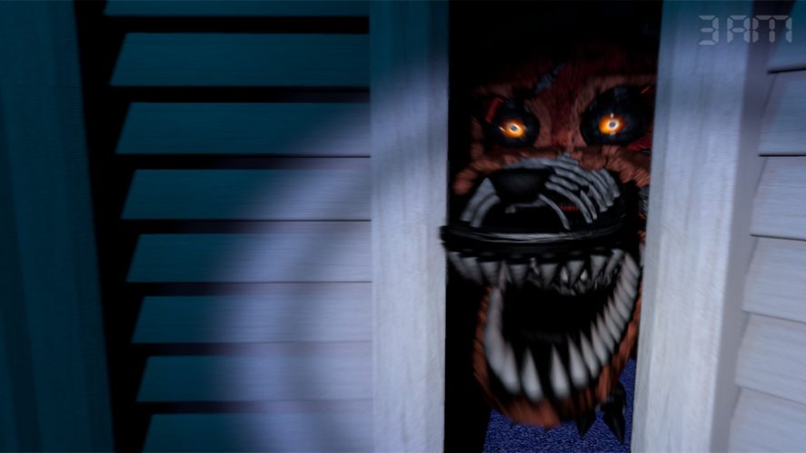 Five Nights at Freddy's 4 in-game screenshot showing a monster between two doors.