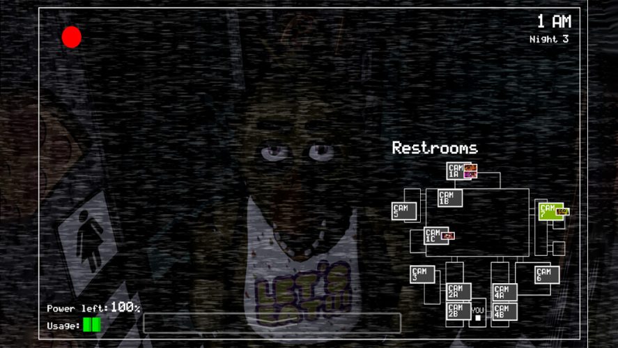 Five Nights at Freddy's in-game screenshot showing a typical video camera screen recording a monster and a small map to the right