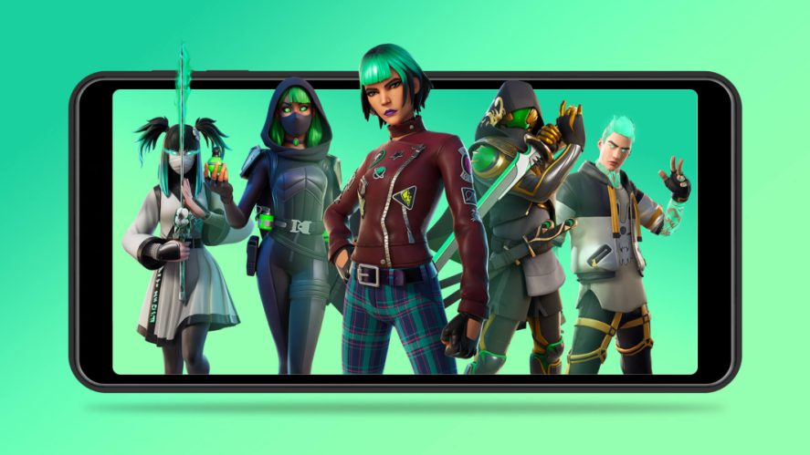 Fortnite characters coming out of a smartphone.