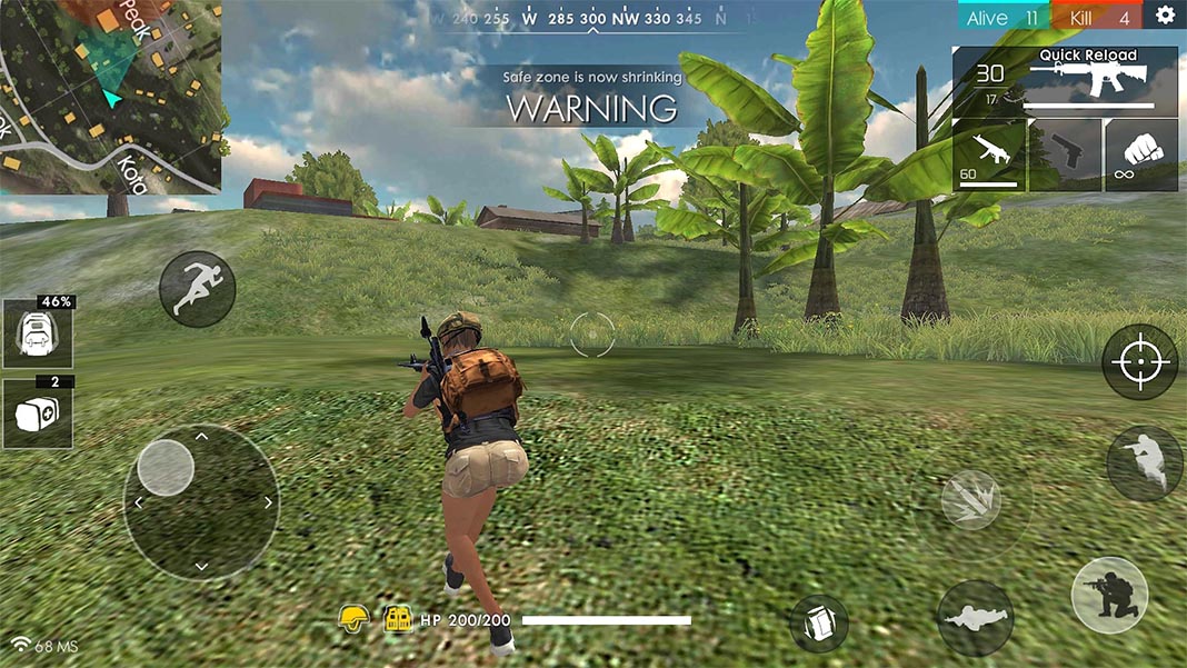 Free Fire screenshot with the warning Safe zone is now shrinking