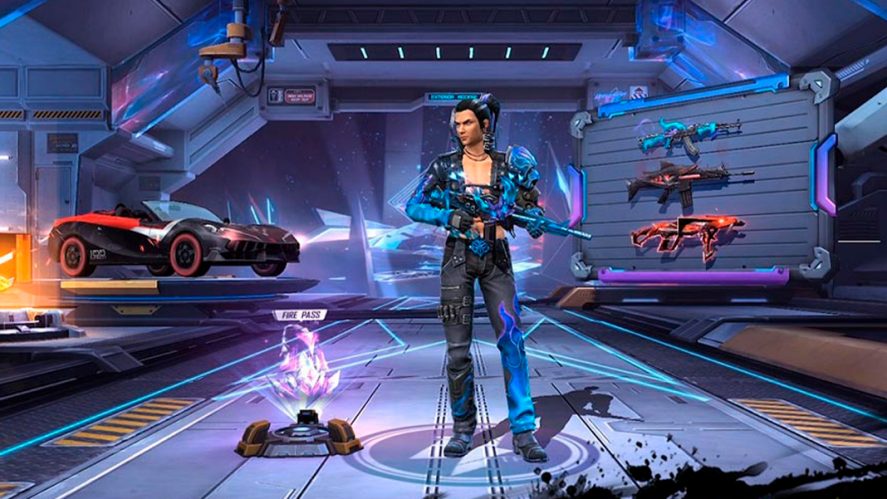 Free Fire Max: character in a warehouse, with a car in the background, on the left, and various weapons on the right.